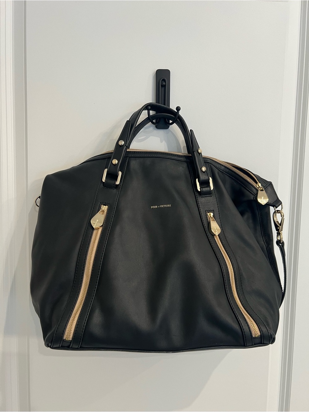 Pour La Victoire Large Black Soft Leather Bag w/Shoulder Strap w/Gold Hardware